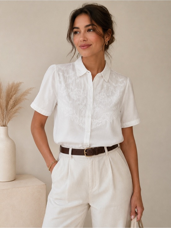 Vintage Tops - Vintage Nevada White Embroidered Button Up Blouse Cottagecore Coquette Top sz 8